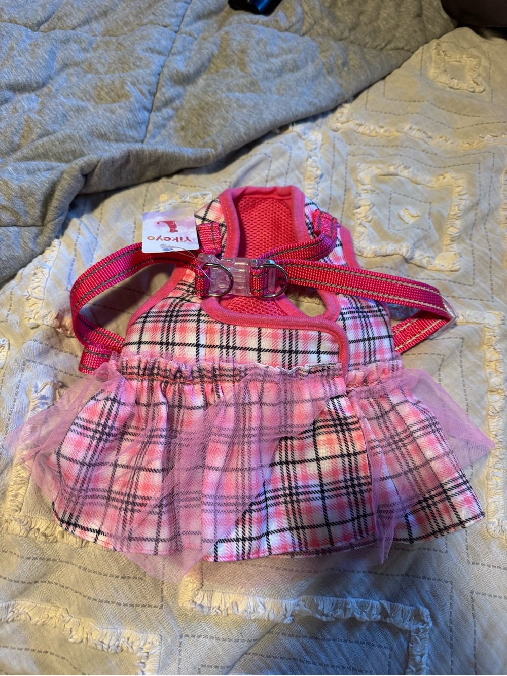 Pink Plaid Tulle Dog Harness Dress and Leash